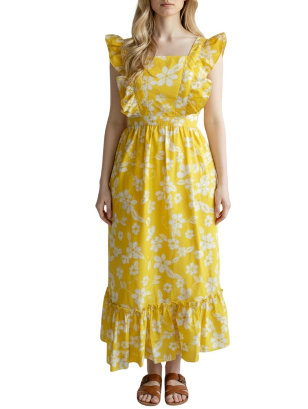 Vintage 70s Yellow Floral Ruffle Maxi Dress Size Small Cottagecore Prairie Boho